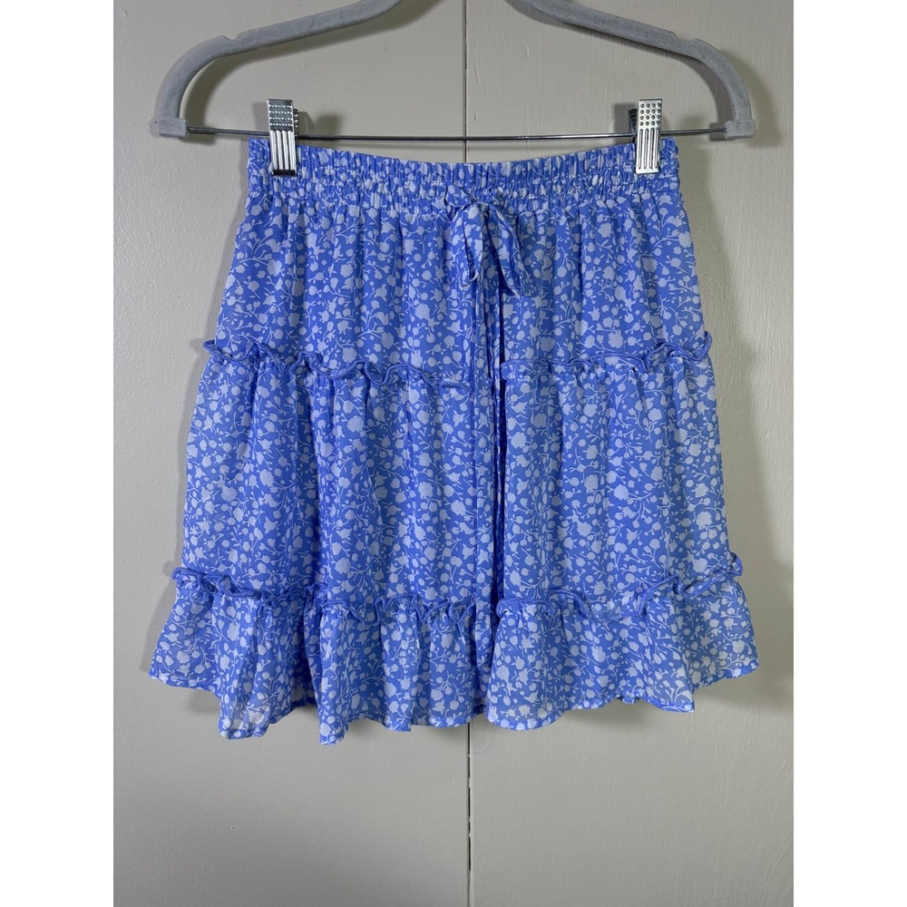 Sienna Sky Blue Floral Tiered Mini Skirt Elastic Waist M Cottagecore Coastal